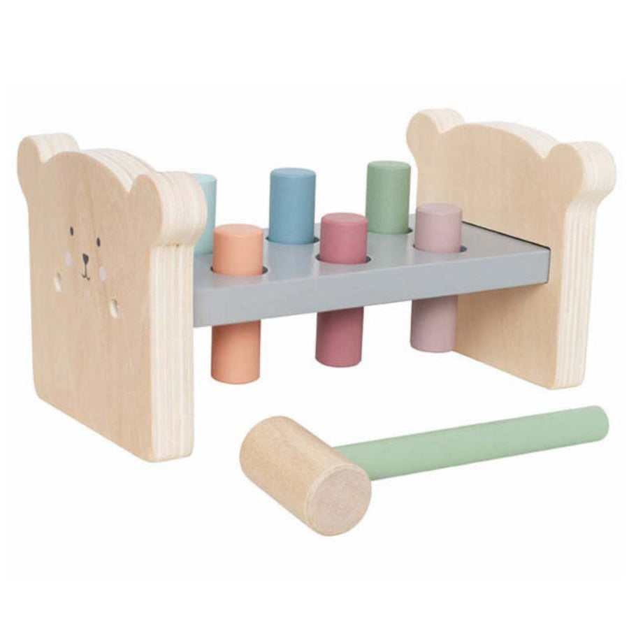 Hammer peg teddy toy, perfect for toddlers to develop hand-eye coordination.
