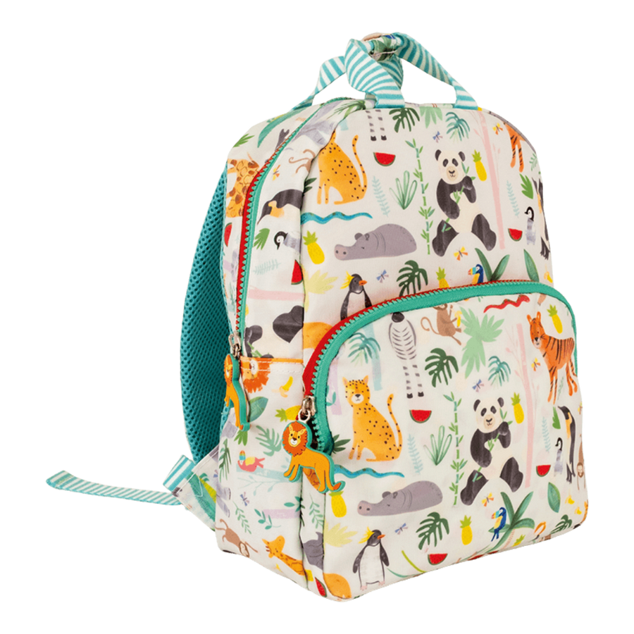 Front view of the Floss & Rock Jungle Backpack with vibrant jungle-themed design
